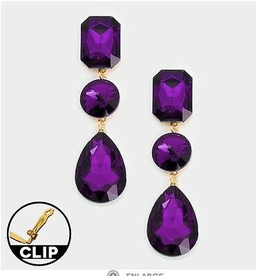 3" Dark Purple Gold Long Rhinestone Crystal Dangle Eggplant Earrings Clip On | eBay