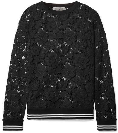 Jersey-trimmed Corded Cotton-blend Lace Sweatshirt - Black