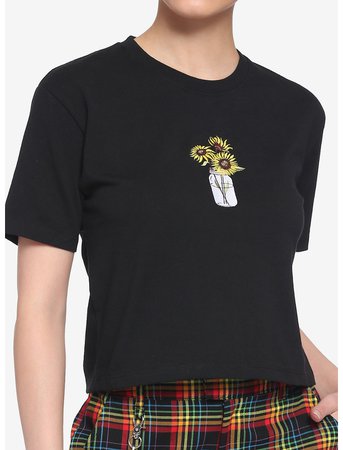 Embroidered Sunflower Mason Jar Girls Boxy Crop T-Shirt