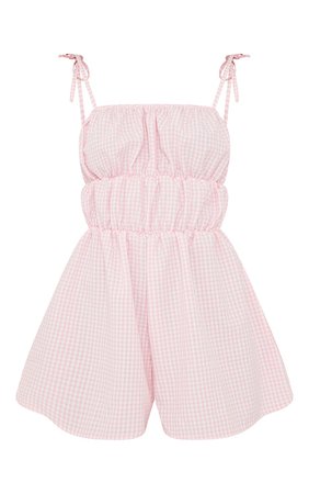 Pink Gingham Tie Strap Ruched Romper | PrettyLittleThing USA