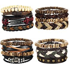 Amazon.com: LOYALLOOK 16pcs Mens Leather Bracelet Wrap Cuff Bracelets with Hemp Cords Wood Beads Ethnic Tribal Believe Charm: Clothing, Shoes & Jewelry