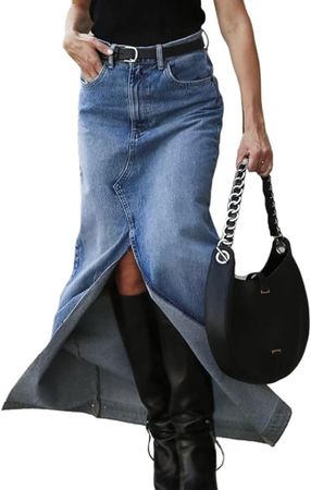 Amazon.com: Drikio Womens Denim Skirt High Waist Split Skirt Thigh Zipper Up Asymmetrical Maxi Skirts Jean Skirt with Pockets Long Dress : Clothing, Shoes & Jewelry