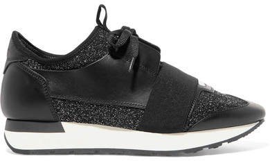 Race Runner Metallic Stretch-knit And Leather Sneakers - Black