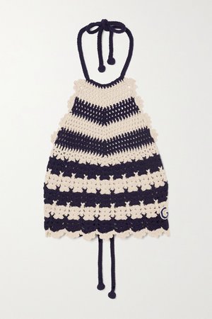 White Open-back appliquéd striped crocheted wool halterneck top | Gucci | NET-A-PORTER