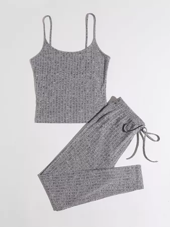 grey Solid Rib-knit Cami Top & Tie Waist Pants Set | SHEIN USA