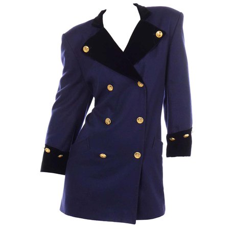 Vintage Escada Blue and Black Long Cashmere Wool Blazer Jacket by Margaretha Ley For Sale at 1stDibs