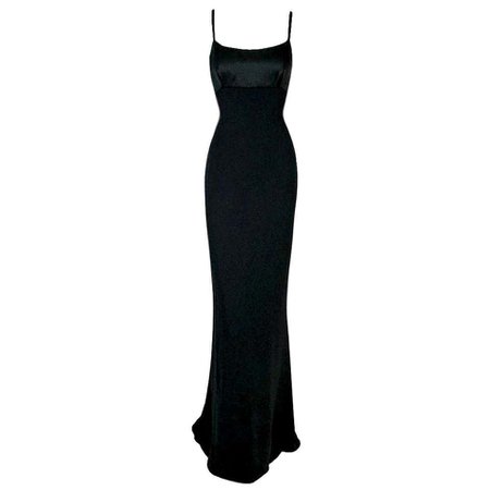 NWT 2001 Gucci by Tom Ford Black Satin Plunging Back Extra Long Gown Dress For Sale at 1stdibs