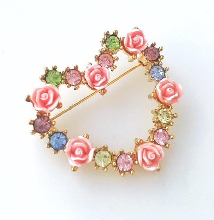 Beautiful vintage flowers and rhinestones heart shaped brooch | Etsy