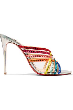 Christian Louboutin | Marthastrass 100 embellished silk-satin and iridescent leather mules | NET-A-PORTER.COM
