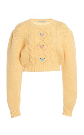 Alessandra Rich Floral-Embroidered Alpaca-Blend Cropped Sweater