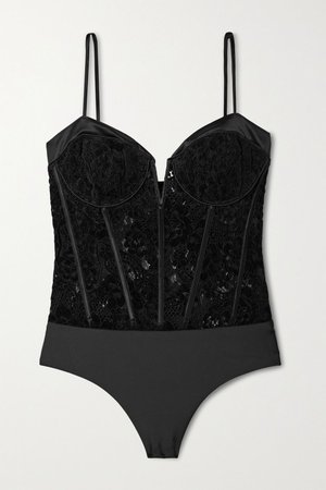 Black Anne satin-trimmed flocked corded lace thong bodysuit | Cami NYC | NET-A-PORTER