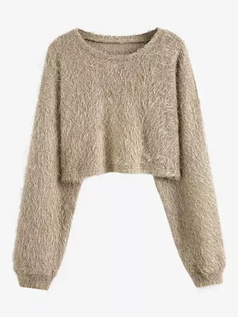ZAFUL Women's Fluffy Faux Fur Design Solid Color Shoulder Long Sleeves Crop Pullover Sweater In COFFEE | ZAFUL 2024