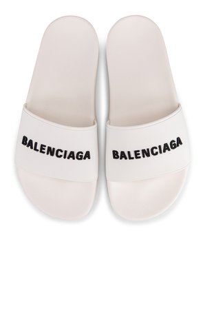 Balenciaga Rubber Logo Pool Slides in White & Black | FWRD