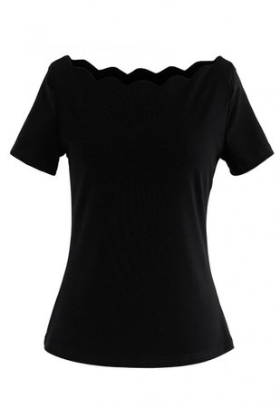 Wavy Boat Neck Short Sleeves Top in Black - Short Sleeve - TOPS - Retro, Indie and Unique Fashion