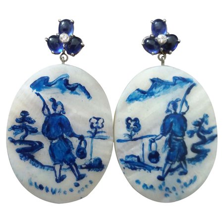 Vintage Hand Painted Mother of Pearl Gold Diamonds Sapphires Dangle Earrings For Sale at 1stDibs