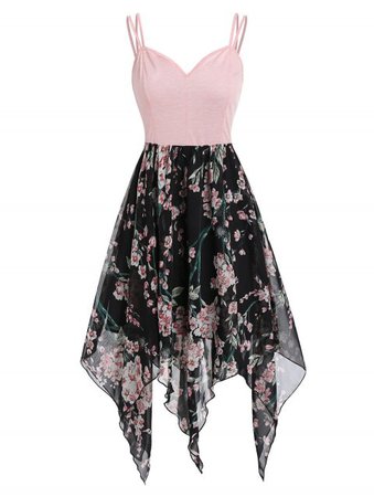 Dresslily Pink Black Asymmetric Floral Handkerchief Midi Cami Dress