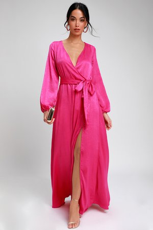 Lovely Fuchsia Dress - Satin Maxi Dress - Long Sleeve Dress
