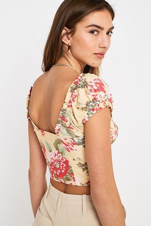 UO Amour Floral Cap Sleeve Cropped Top | Urban Outfitters UK