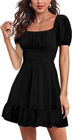LYANER Women' Swiss Dots Square Neck Ruffle Hem Short Sleeve Elegant Mini Dress at Amazon Women’s Clothing store