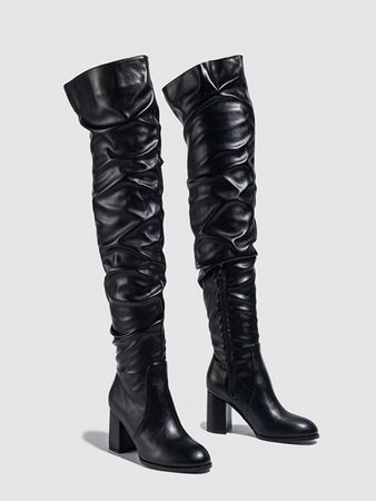 Women's Daily Stretchy Ruched Block Heel Over The Knee Thigh High Boots In BLACK | ZAFUL 2023