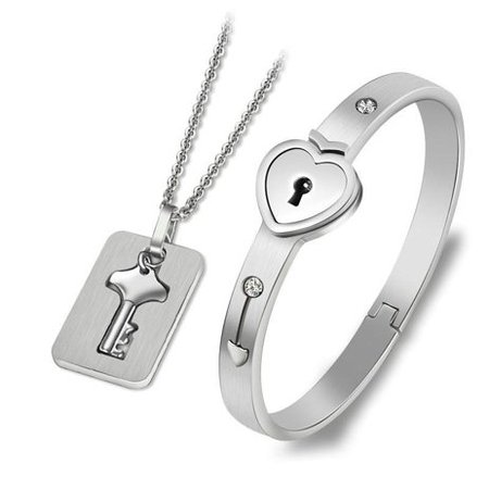 Fysho - Titanium Steel Love Heart Lock Bangle Bracelet & Key Pendant Lover Necklace Set - Walmart.com - Walmart.com