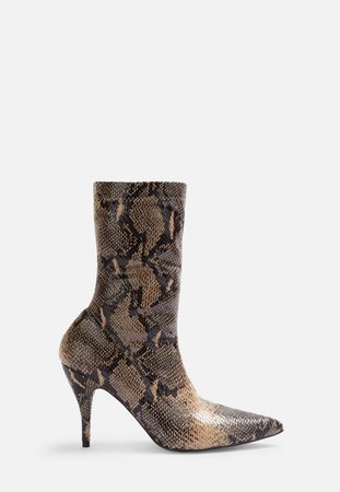 Nude Faux Leather Snake Print Mid Heel Boots | Missguided