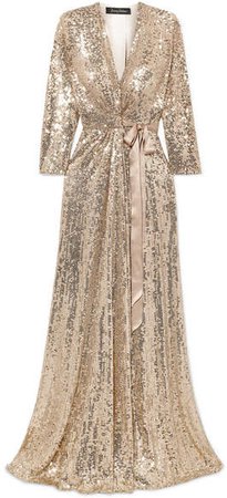 Satin-trimmed Sequined Silk Wrap Gown - Gold