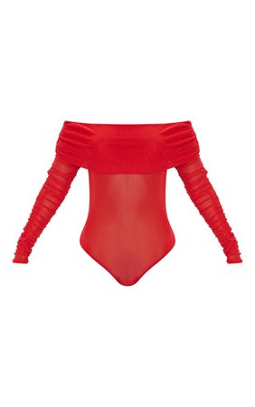 Red Mesh Bardot Bodysuit | Tops | PrettyLittleThing