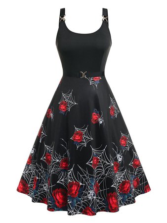Plus Size Halloween Rose Spider Web Print Dress [29% OFF] | Rosegal