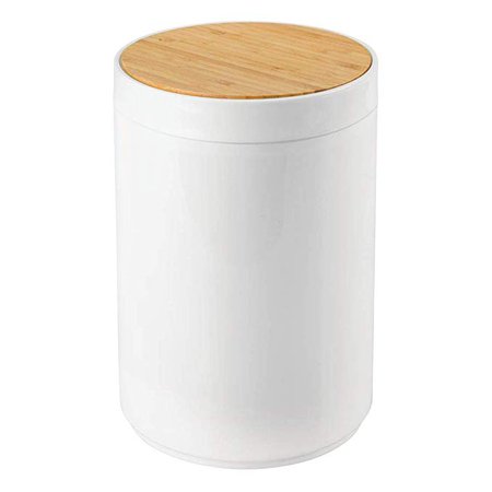 Amazon.com: mDesign Small Round Plastic Trash Can Wastebasket, Garbage Container Bin with Bamboo Swing Top Lid - for Bathrooms, Kitchens, Home Offices - 1.3 Gallon/5 Liter - White/Natural Wood Finish: Home & Kitchen