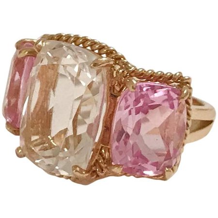 Elegant Three-Stone Rock Crystal and Pink Topaz Ring