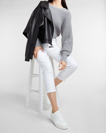Ribbed Padded Shoulder Crew Neck Sweater