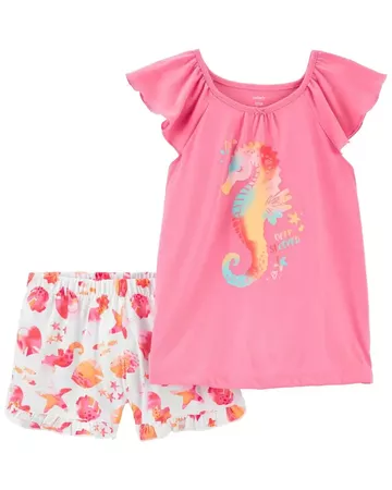 Kid Pink 2-Piece Seahorse Loose Fit Poly PJs | carters.com