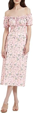 Floral Midi Dress for Women Off Shoulder Ruffle Puff Sleeve Boho High Slit Backless Long Dress Wedding Guest Party at Amazon Women’s Clothing store