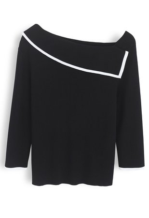 Classic Elegance Oblique Neck Knit Top in Black - TOPS - Retro, Indie and Unique Fashion