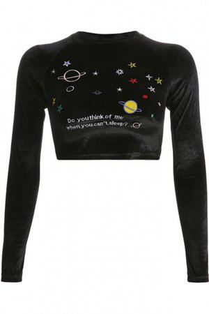 Fashion Letter Planet Star Embroidered Crewneck Long Sleeve Black Velvet Cropped T-Shirt - Beautifulhalo.com