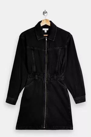 Black Denim 80s Zip Mini Shirt Dress | Topshop