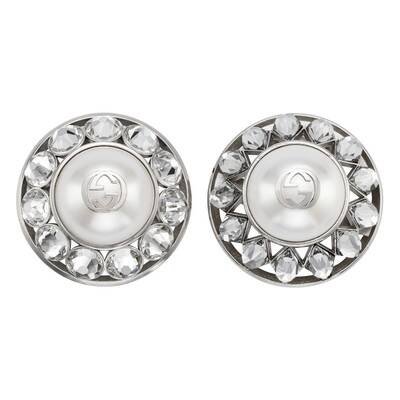 Silver Finish Interlocking G Pearl And Crystal Earrings | GUCCI® US