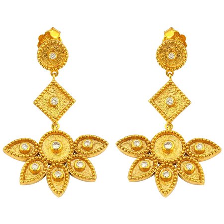 Georgios Collections 18 Karat Yellow Gold Diamond Floral Dangle Drop Earrings For Sale at 1stDibs