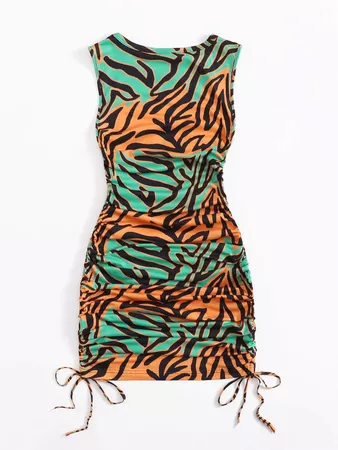 SHEIN Ruched Drawstring Side Zebra Striped Bodycon Dress | SHEIN USA
