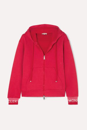 Intarsia-trimmed Cotton-blend Jersey Hoodie - Red