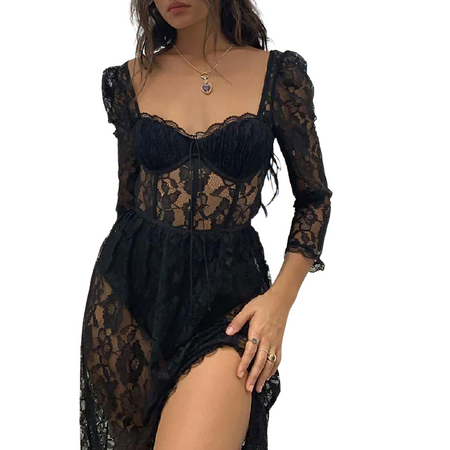 Women's Party Sexy Black Lace Long Dress / Elegant Ladies Fashion - HARD’N’HEAVY