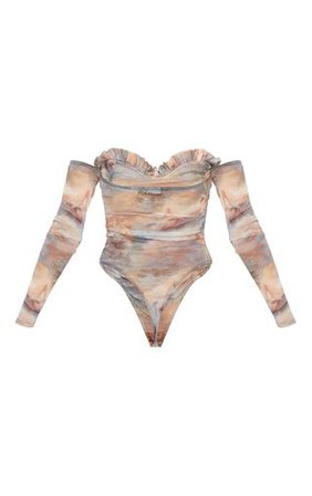 Multi Water Renaissance Mesh Ruched Bardot Bodysuit | PrettyLittleThing