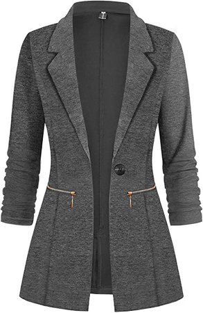 Genhoo Women's Long Sleeve Blazer Open Front Cardigan Jacket Work Office Blazer with Zipper Pockets (L, 1 Navy Blue) at Amazon Women’s Clothing store