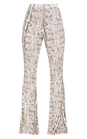 Taupe Snake Print Flared Trousers | Trousers | PrettyLittleThing