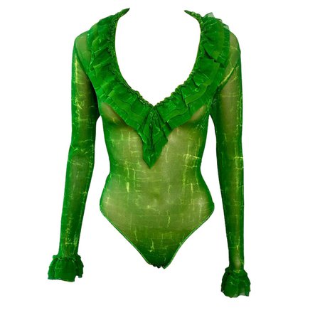 Jean Paul Gaultier Classique 1990's Vintage Semi-Sheer Mesh Green Bodysuit Top For Sale at 1stDibs