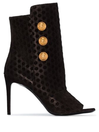 Balmain Oslo button-detailed Flocked Leather Ankle Boots - Farfetch