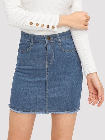 Stitch Detail Raw Hem Denim Skirt | SHEIN