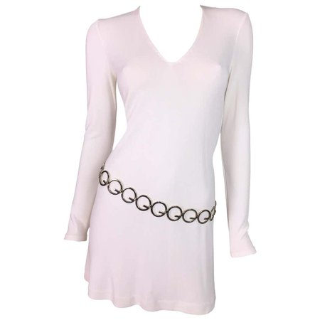 F/W 1996 Gucci by Tom Ford White Mini Dress w/ GG Logo Silver Belt For Sale at 1stdibs
