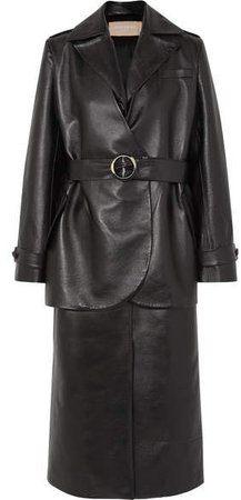 Belted Layered Faux Leather Trench Coat - Black